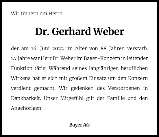 Anzeige von Gerhard Weber von Kölner Stadt-Anzeiger / Kölnische Rundschau / Express