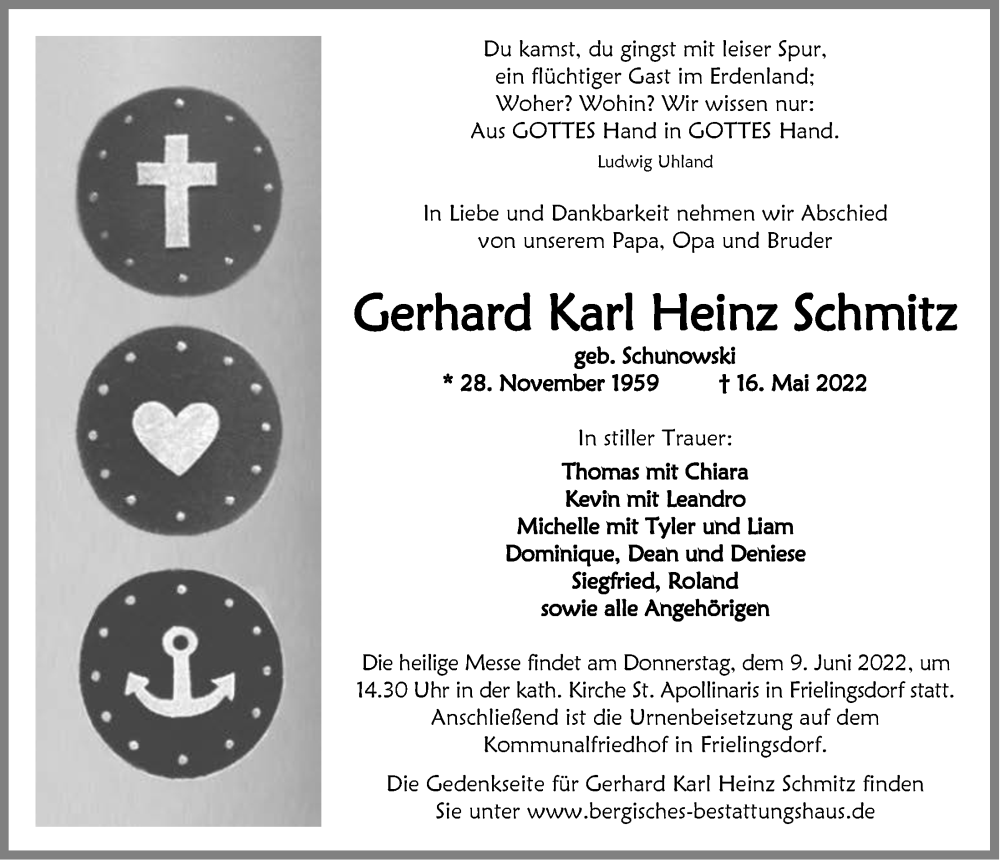  Traueranzeige für Gerhard Karl Heinz Schmitz vom 03.06.2022 aus  Anzeigen Echo 