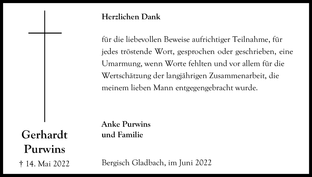  Traueranzeige für Gerhardt Purwins vom 18.06.2022 aus Kölner Stadt-Anzeiger / Kölnische Rundschau / Express