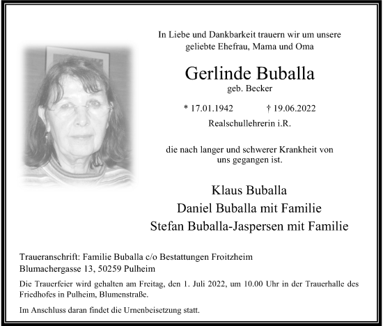 Anzeige von Gerlinde Buballa von Kölner Stadt-Anzeiger / Kölnische Rundschau / Express