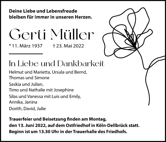 Anzeige von Gerti Müller von Kölner Stadt-Anzeiger / Kölnische Rundschau / Express