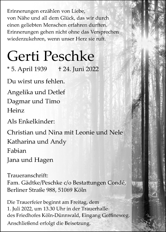 Anzeige von Gerti Peschke von Kölner Stadt-Anzeiger / Kölnische Rundschau / Express