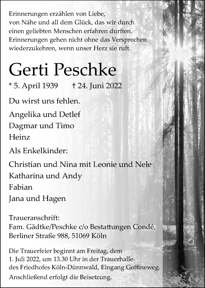  Traueranzeige für Gerti Peschke vom 29.06.2022 aus Kölner Stadt-Anzeiger / Kölnische Rundschau / Express