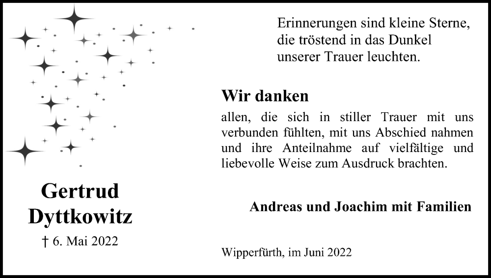  Traueranzeige für Gertrud Dyttkowitz vom 04.06.2022 aus Kölner Stadt-Anzeiger / Kölnische Rundschau / Express