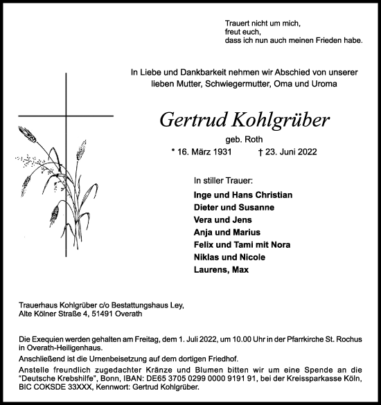 Anzeige von Gertrud Kohlgrüber von Kölner Stadt-Anzeiger / Kölnische Rundschau / Express