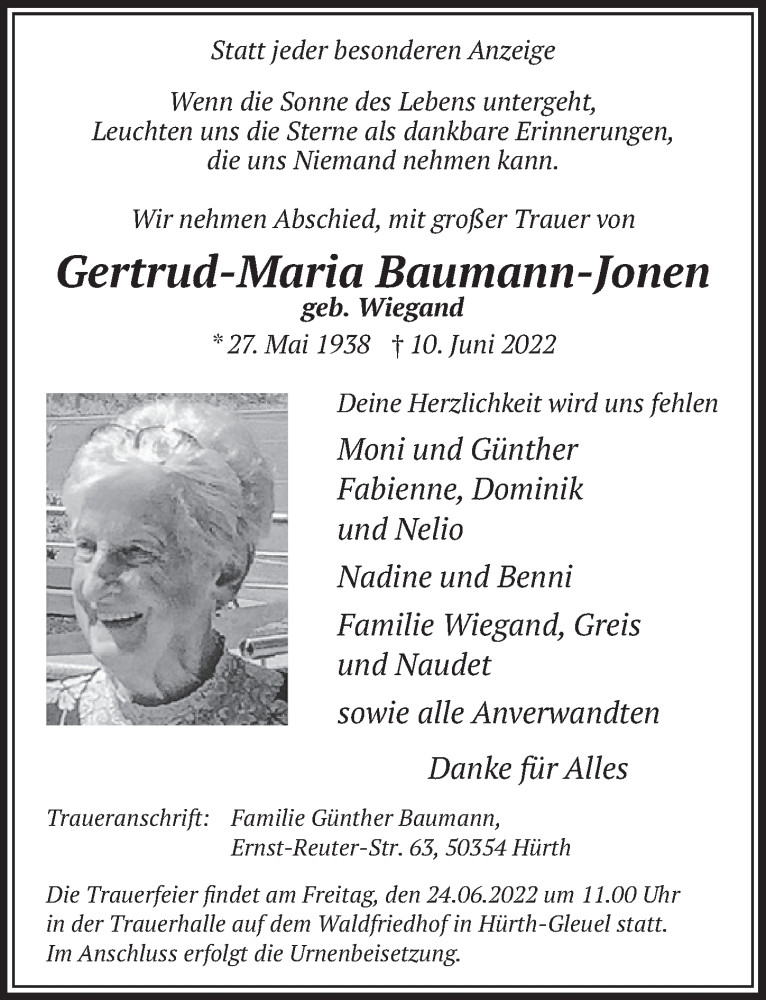  Traueranzeige für Gertrud-Maria Baumann-Jonen vom 17.06.2022 aus  Wochenende 