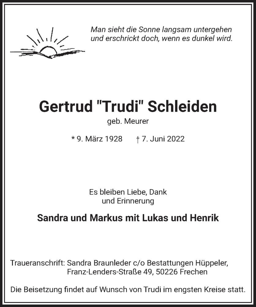  Traueranzeige für Gertrud Schleiden vom 17.06.2022 aus  Wochenende 