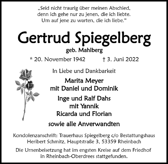 Anzeige von Gertrud Spiegelberg von  Schaufenster/Blickpunkt 