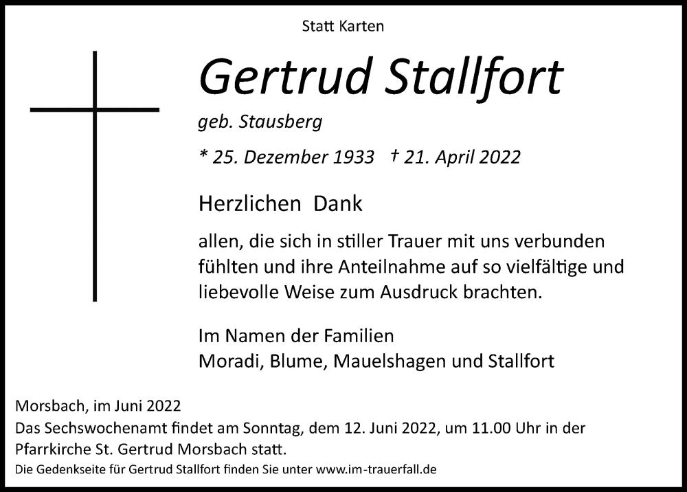  Traueranzeige für Gertrud Stallfort vom 03.06.2022 aus  Lokalanzeiger 