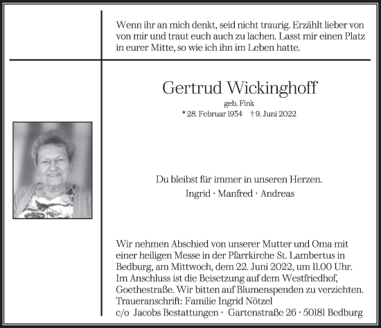 Anzeige von Gertrud Wickinghoff von  Werbepost 