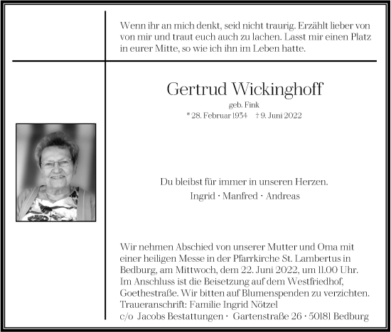 Anzeige von Gertrud Wickinghoff von Kölner Stadt-Anzeiger / Kölnische Rundschau / Express