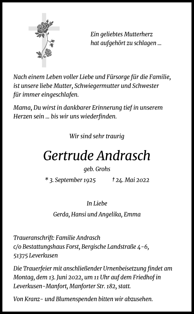  Traueranzeige für Gertrude Andrasch vom 04.06.2022 aus Kölner Stadt-Anzeiger / Kölnische Rundschau / Express