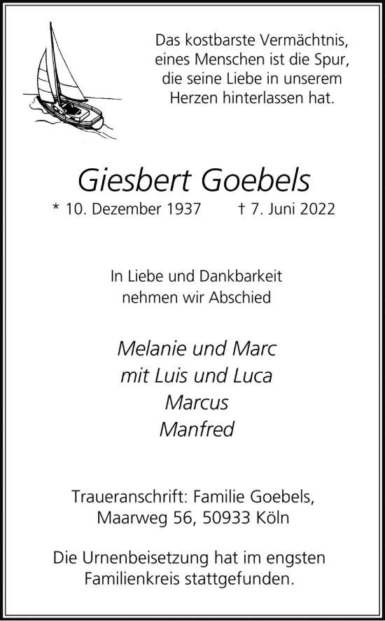 Anzeige von Giesbert Goebels von Kölner Stadt-Anzeiger / Kölnische Rundschau / Express