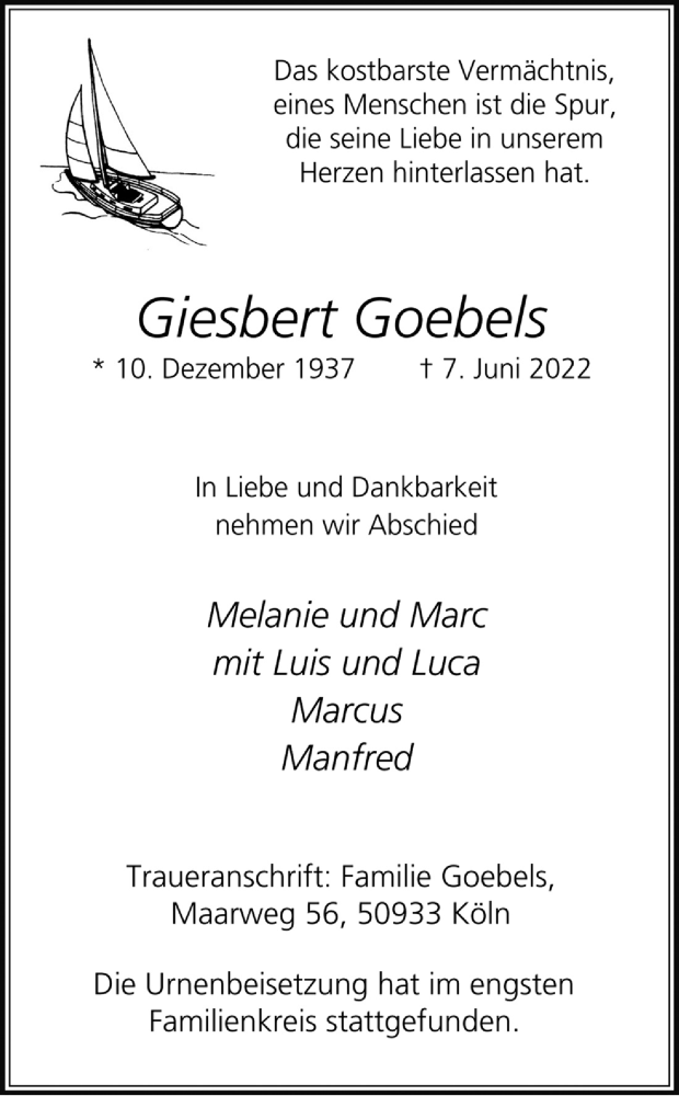  Traueranzeige für Giesbert Goebels vom 25.06.2022 aus Kölner Stadt-Anzeiger / Kölnische Rundschau / Express