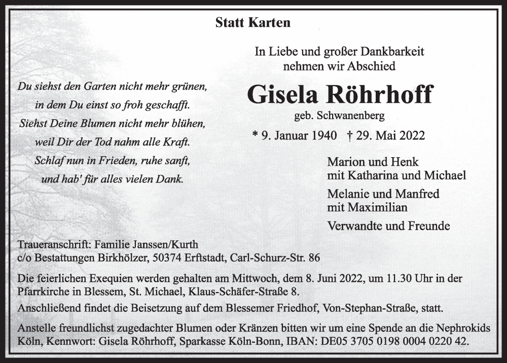  Traueranzeige für Gisela Röhrhoff vom 03.06.2022 aus  Werbepost 