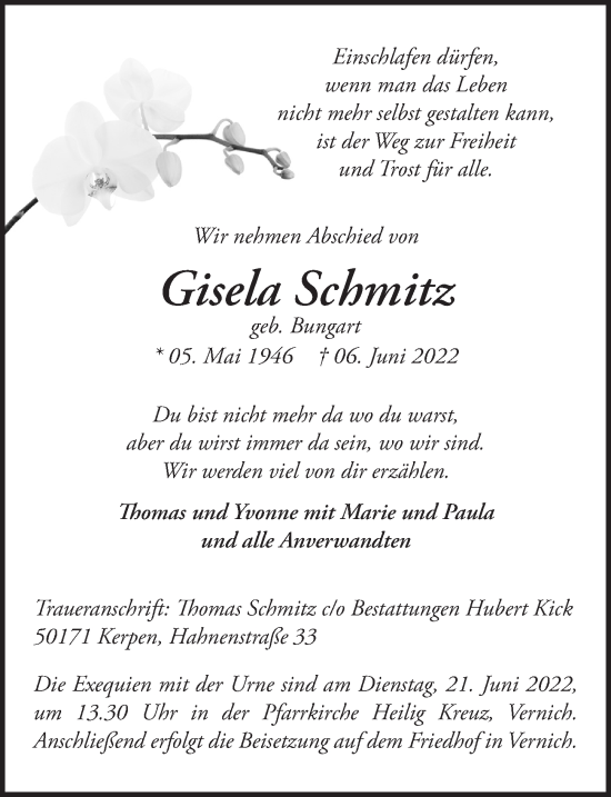 Anzeige von Gisela Schmitz von  Blickpunkt Euskirchen 