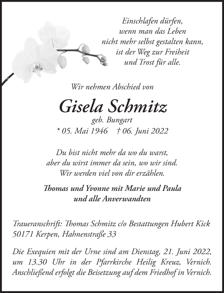  Traueranzeige für Gisela Schmitz vom 18.06.2022 aus  Blickpunkt Euskirchen 