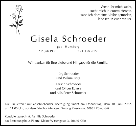Anzeige von Gisela Schroeder von Kölner Stadt-Anzeiger / Kölnische Rundschau / Express