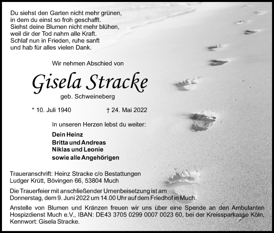 Anzeige von Gisela Stracke von Kölner Stadt-Anzeiger / Kölnische Rundschau / Express