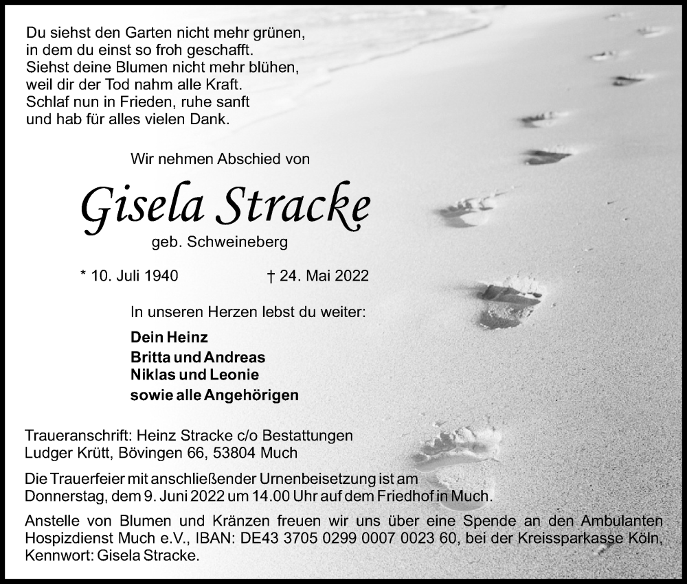  Traueranzeige für Gisela Stracke vom 04.06.2022 aus Kölner Stadt-Anzeiger / Kölnische Rundschau / Express