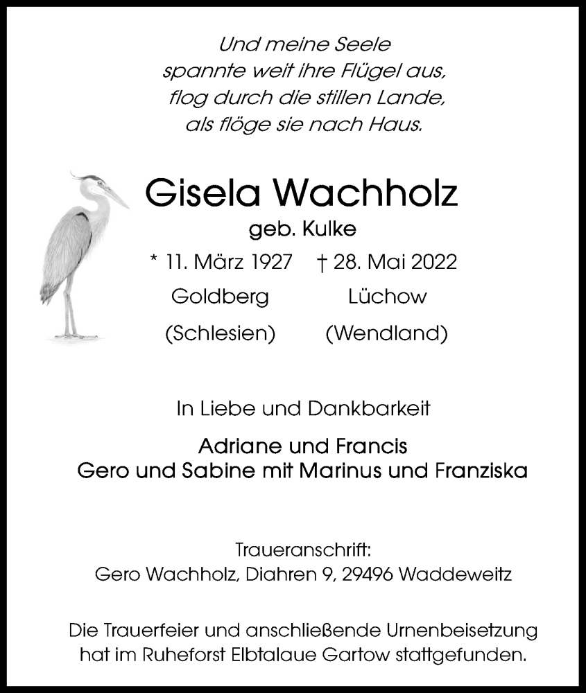  Traueranzeige für Gisela Wachholz vom 11.06.2022 aus Kölner Stadt-Anzeiger / Kölnische Rundschau / Express