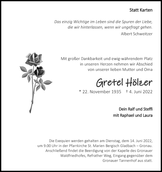 Anzeige von Gretel Hölzer von Kölner Stadt-Anzeiger / Kölnische Rundschau / Express