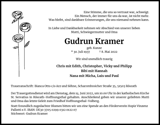 Anzeige von Gudrun Kramer von Kölner Stadt-Anzeiger / Kölnische Rundschau / Express