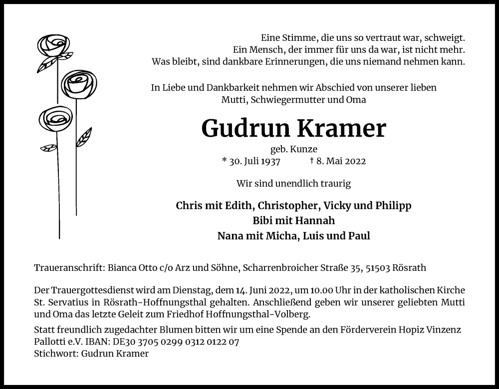  Traueranzeige für Gudrun Kramer vom 04.06.2022 aus Kölner Stadt-Anzeiger / Kölnische Rundschau / Express