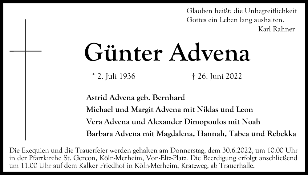  Traueranzeige für Günter Advena vom 29.06.2022 aus Kölner Stadt-Anzeiger / Kölnische Rundschau / Express