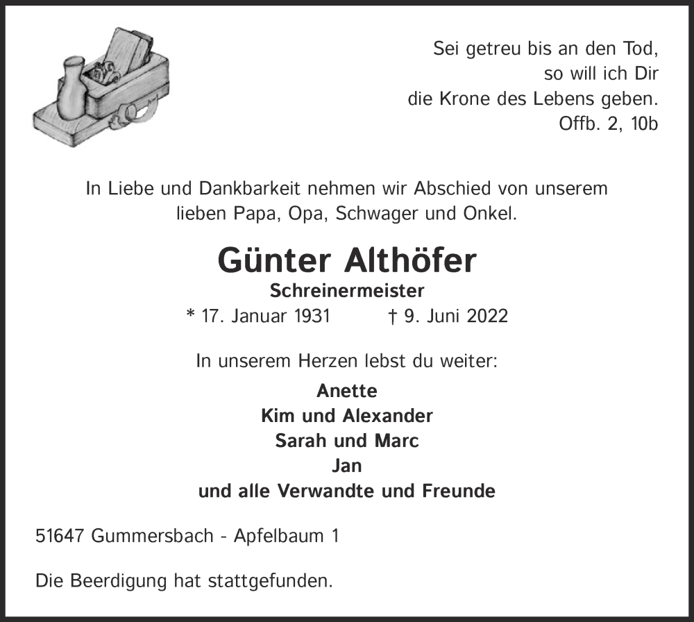  Traueranzeige für Günter Althöfer vom 17.06.2022 aus  Anzeigen Echo 