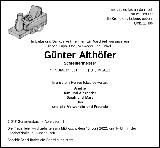 Anzeige von Günter Althöfer von Kölner Stadt-Anzeiger / Kölnische Rundschau / Express