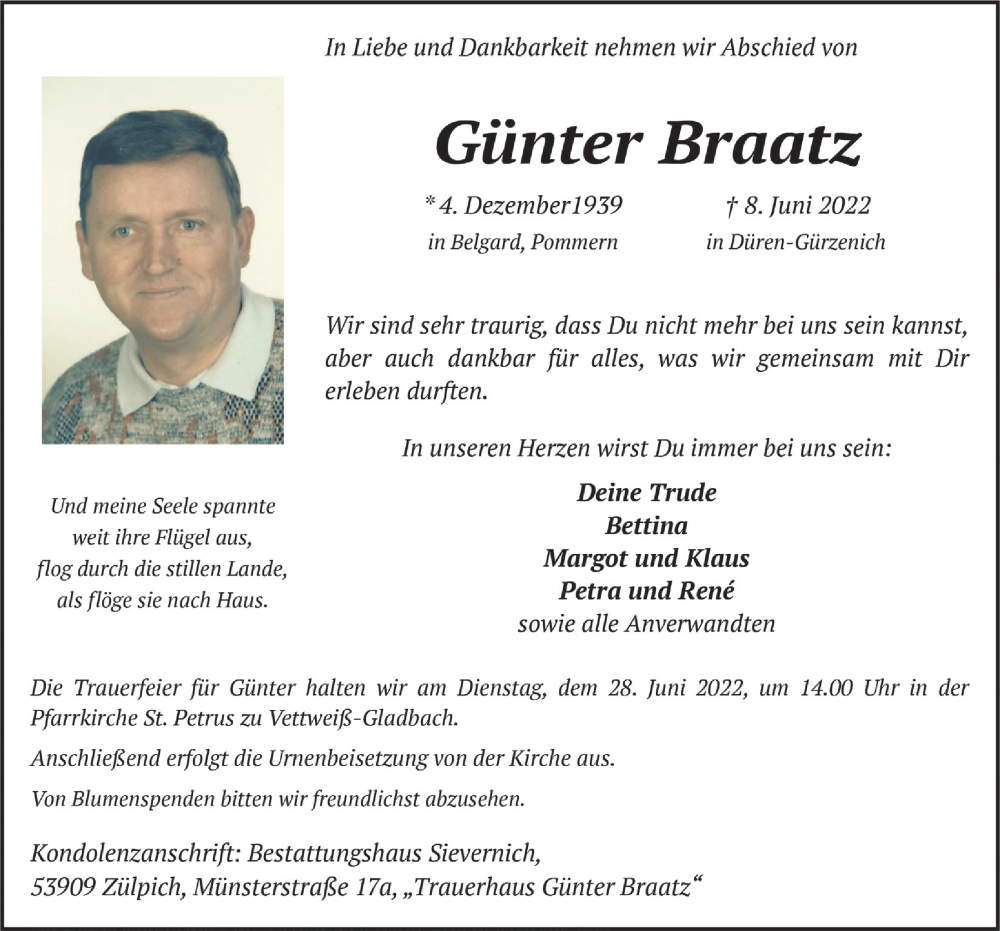  Traueranzeige für Günter Braatz vom 18.06.2022 aus  Blickpunkt Euskirchen 
