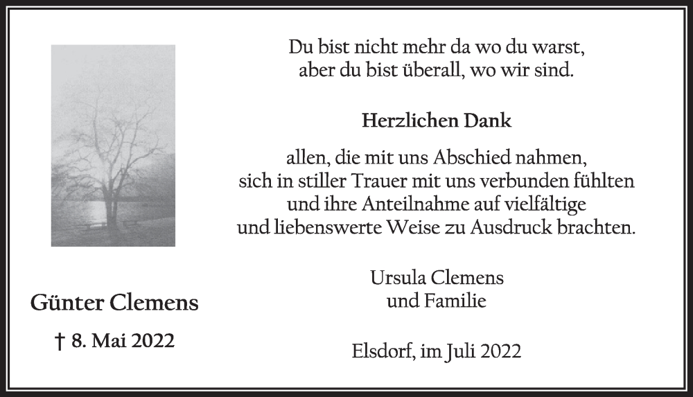  Traueranzeige für Günter Clemens vom 01.07.2022 aus  Werbepost 