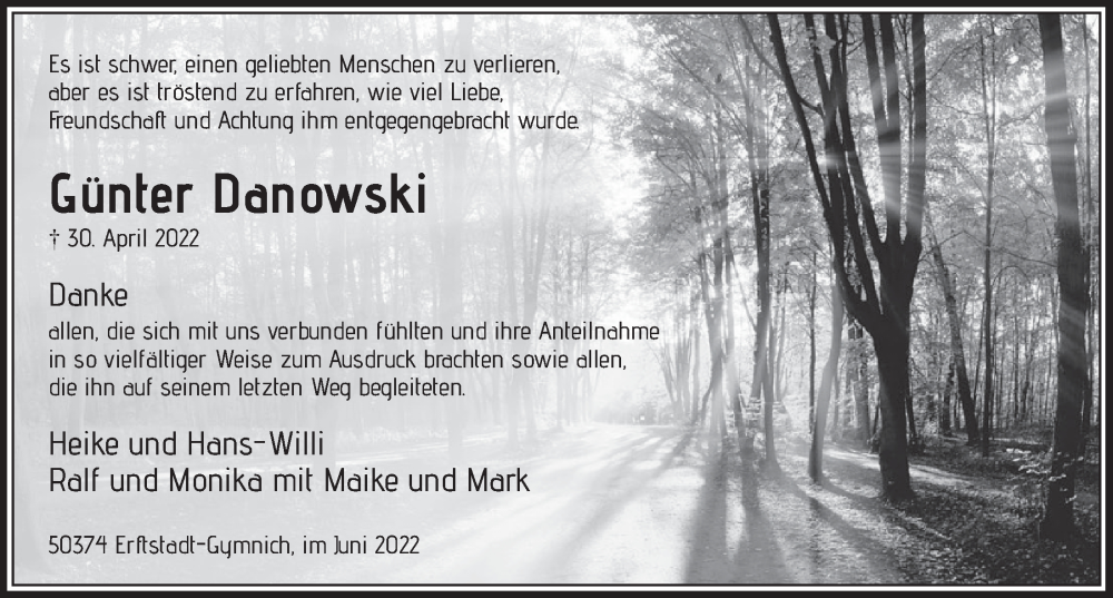  Traueranzeige für Günter Danowski vom 24.06.2022 aus  Werbepost 