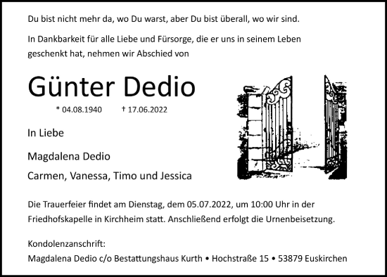 Anzeige von Günter Dedio von  Blickpunkt Euskirchen 