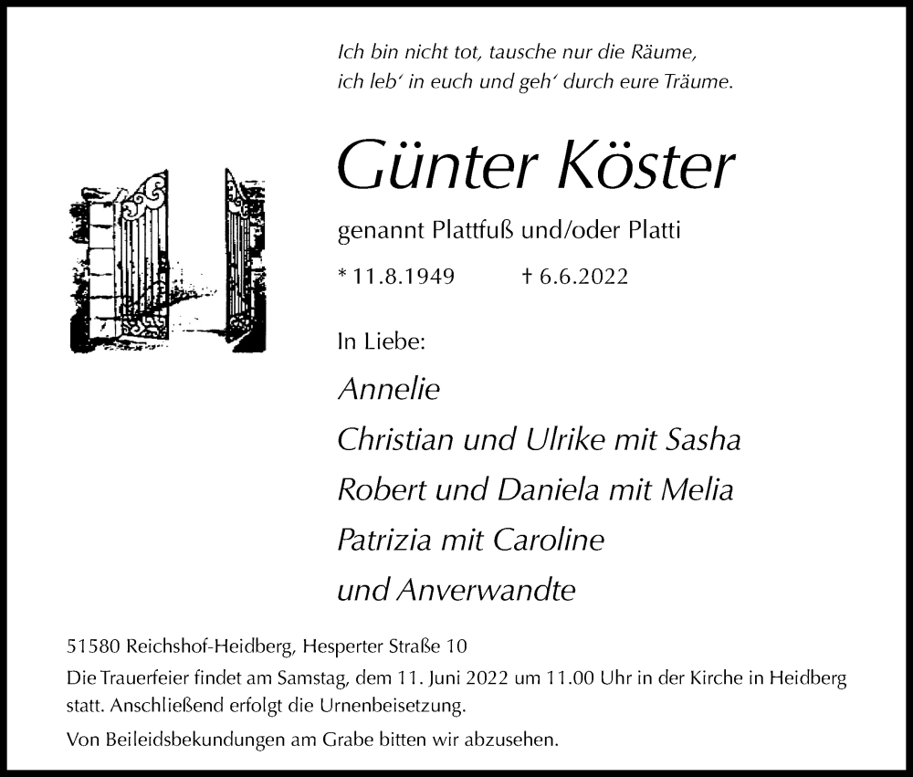  Traueranzeige für Günter Köster vom 09.06.2022 aus Kölner Stadt-Anzeiger / Kölnische Rundschau / Express