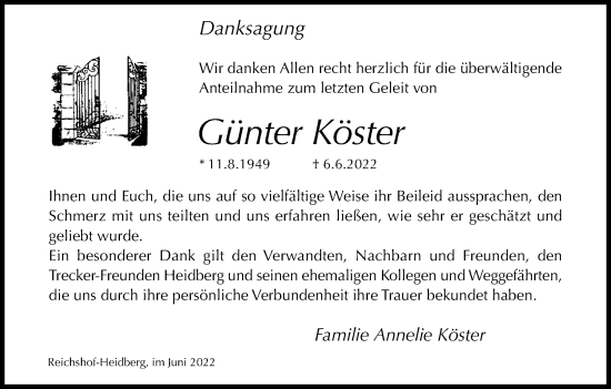 Anzeige von Günter Köster von Kölner Stadt-Anzeiger / Kölnische Rundschau / Express