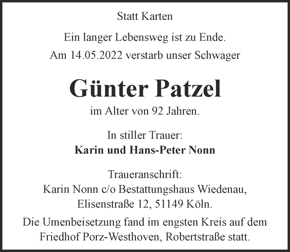  Traueranzeige für Günter Patzel vom 03.06.2022 aus  EXPRESS - Die Woche 