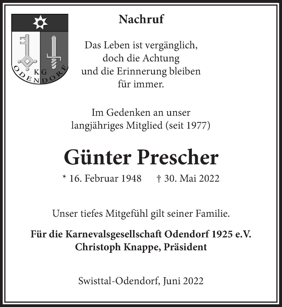  Traueranzeige für Günter Prescher vom 17.06.2022 aus  Schaufenster/Blickpunkt 