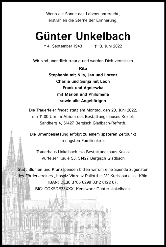  Traueranzeige für Günter Unkelbach vom 18.06.2022 aus Kölner Stadt-Anzeiger / Kölnische Rundschau / Express
