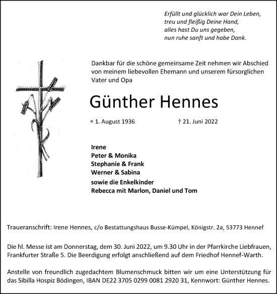Anzeige von Günther Hennes von Kölner Stadt-Anzeiger / Kölnische Rundschau / Express
