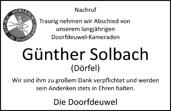 Anzeige von Günther Solbach von  Lokalanzeiger 