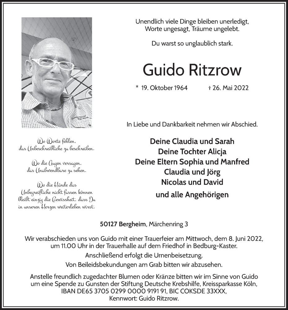  Traueranzeige für Guido Ritzrow vom 03.06.2022 aus  Werbepost 