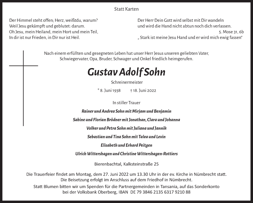  Traueranzeige für Gustav Adolf Sohn vom 24.06.2022 aus  Anzeigen Echo  Lokalanzeiger 