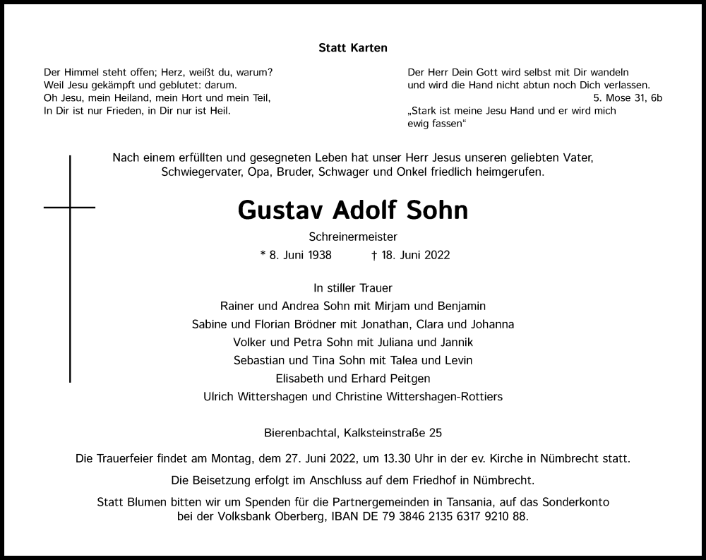  Traueranzeige für Gustav Adolf Sohn vom 22.06.2022 aus Kölner Stadt-Anzeiger / Kölnische Rundschau / Express