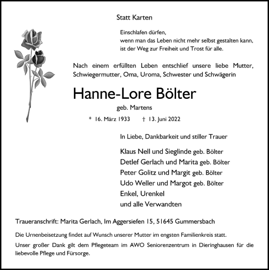 Anzeige von Hanne-Lore Bölter von  Anzeigen Echo 