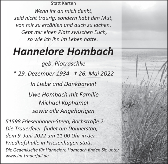 Anzeige von Hannelore Hombach von  Lokalanzeiger 