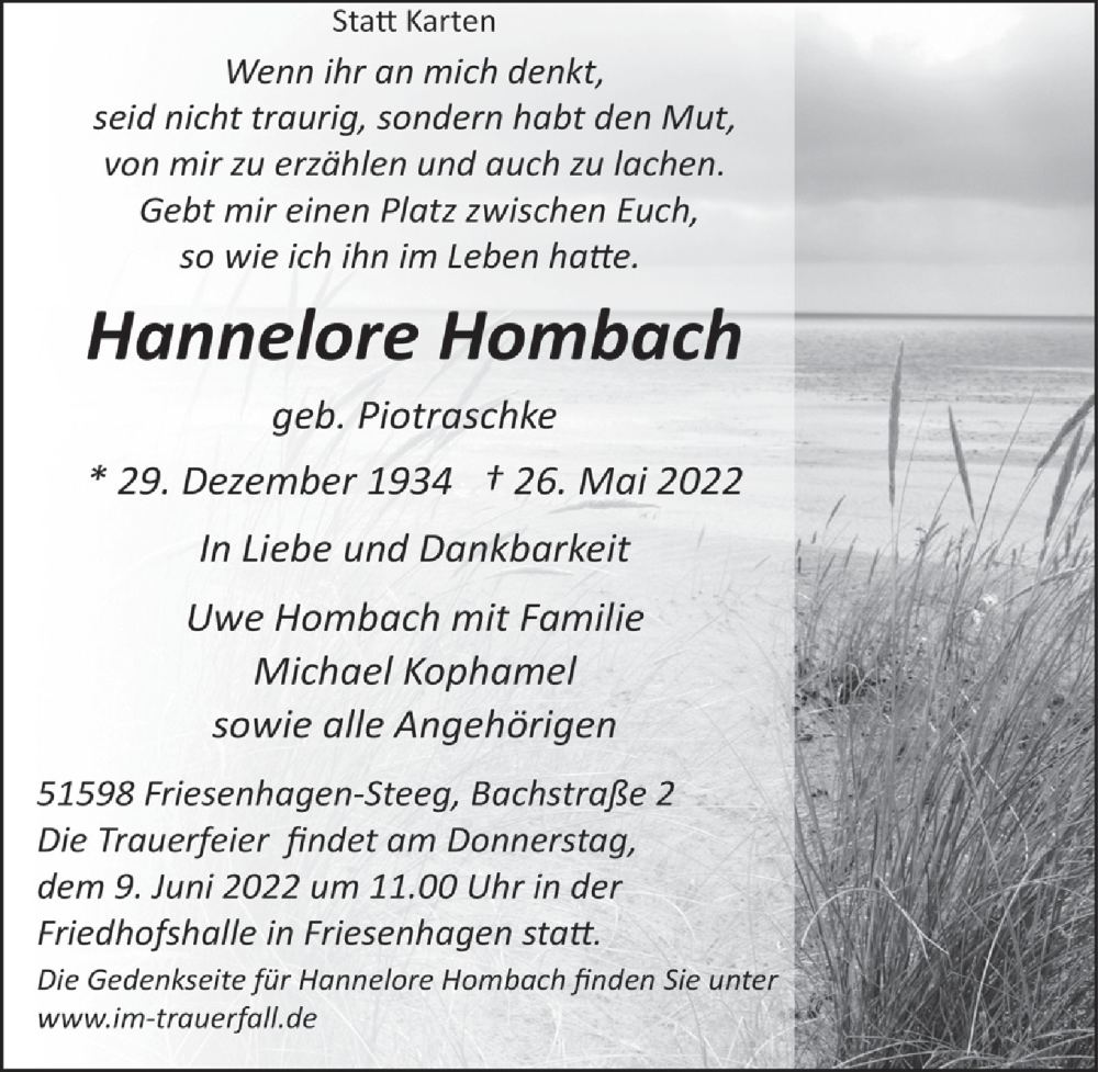 Traueranzeige für Hannelore Hombach vom 03.06.2022 aus  Lokalanzeiger 