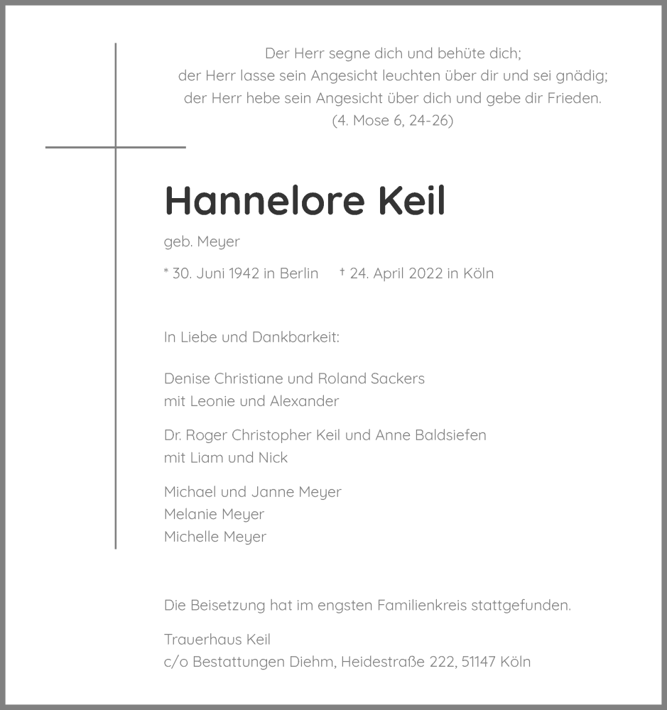  Traueranzeige für Hannelore Keil vom 11.06.2022 aus Kölner Stadt-Anzeiger / Kölnische Rundschau / Express
