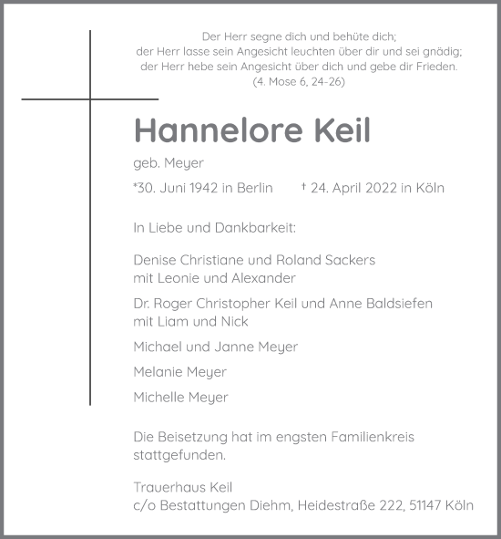 Anzeige von Hannelore Keil von  EXPRESS - Die Woche 